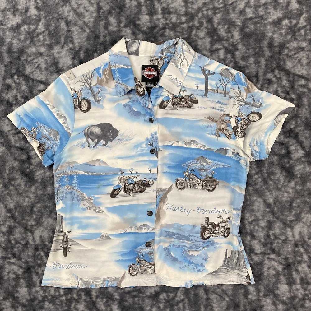 VTG Harley Davidson Shirt Button Collared Nature Gator Bison AOP Mountain USA 90